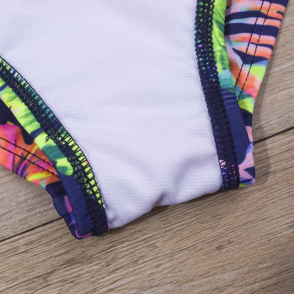 Feather printed lace up bikini set in high elasticity polyester for girls swimming