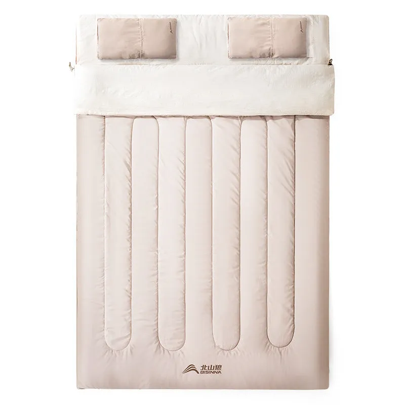 Double sleeping bag in coffee gray with envelope structure for two-person camping