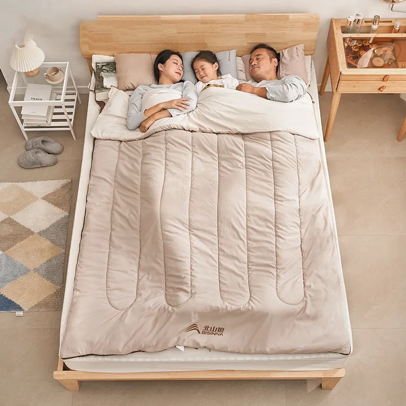 Double sleeping bag in coffee gray with envelope structure for two-person camping