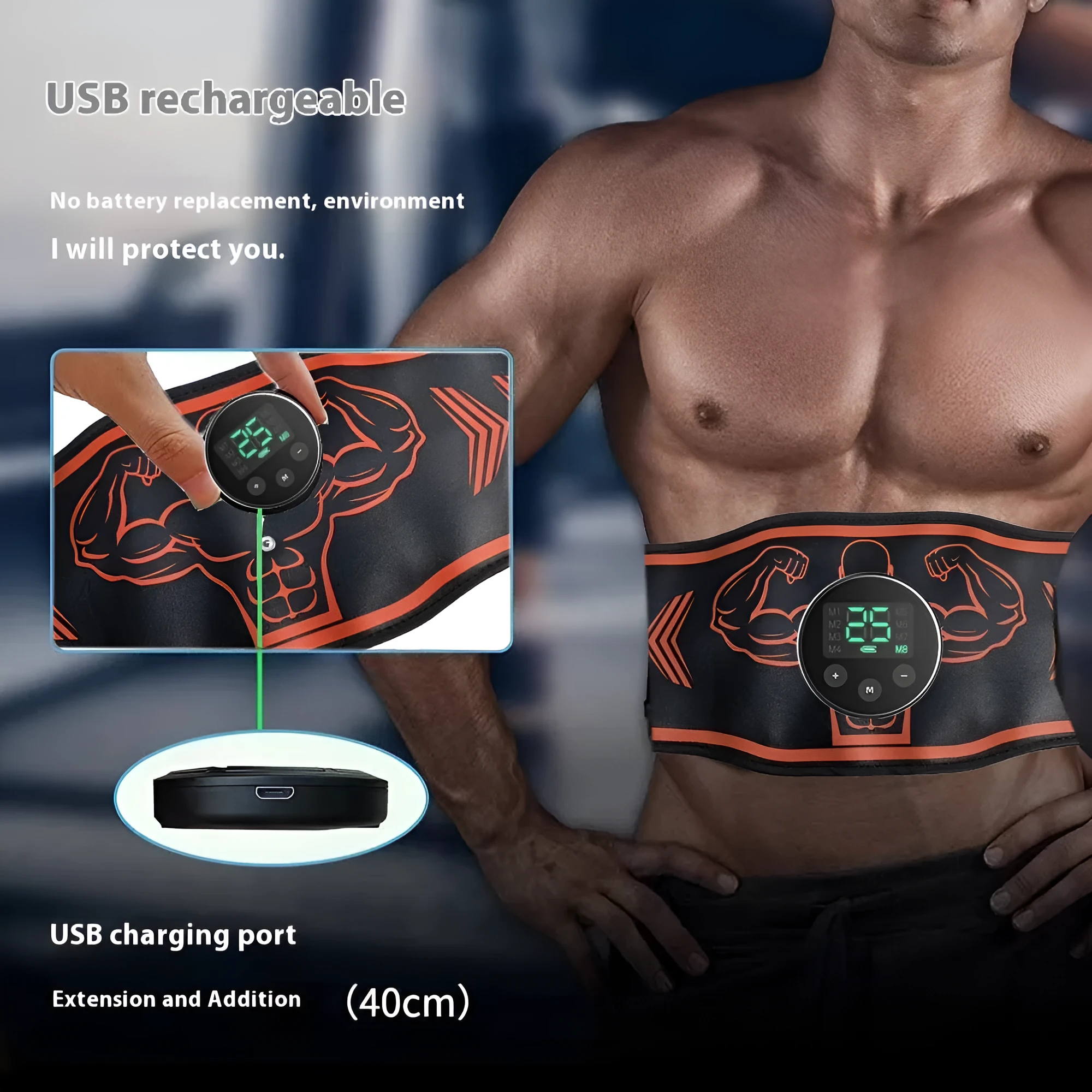 Smart EMS massage fitness belt set with blue host and electrodes on a grey background
