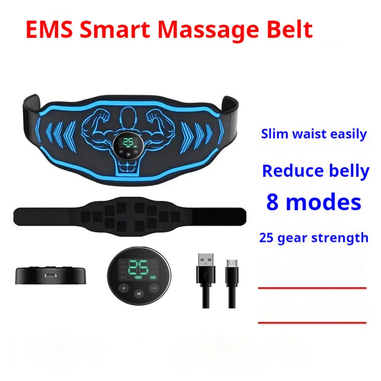 Smart EMS massage fitness belt set with blue host and electrodes on a grey background