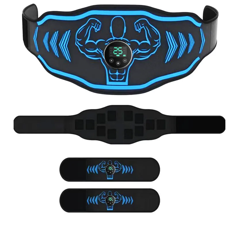 Smart EMS massage fitness belt set with blue host and electrodes on a grey background