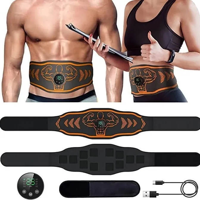 Smart EMS massage fitness belt set with blue host and electrodes on a grey background