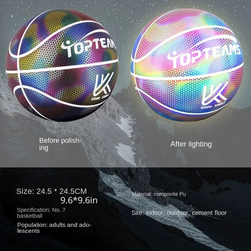 Holographic fluorescent reflective basketball glowing in low light