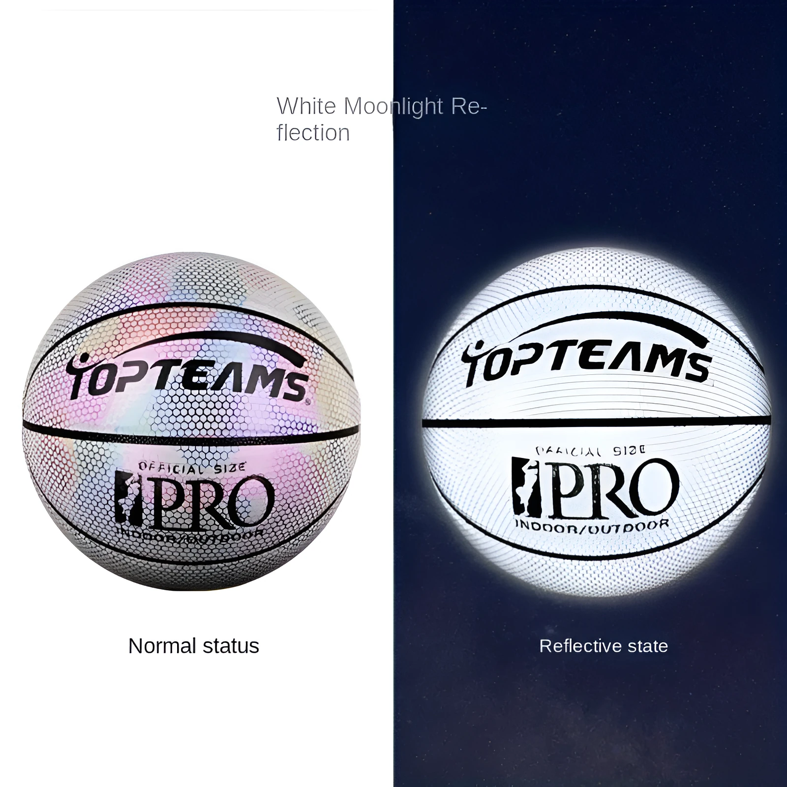 Holographic fluorescent reflective basketball glowing in low light