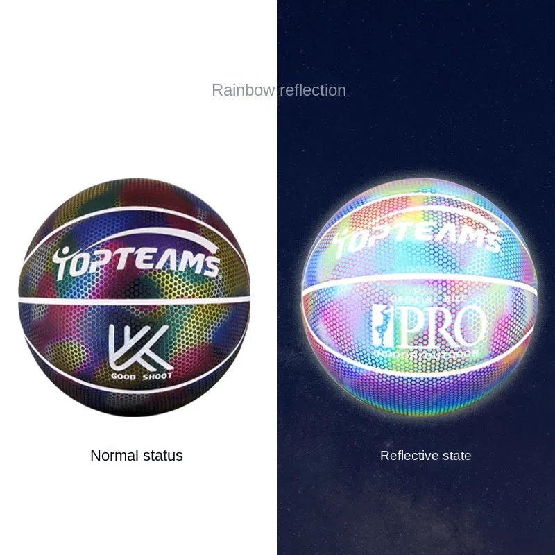 Holographic fluorescent reflective basketball glowing in low light