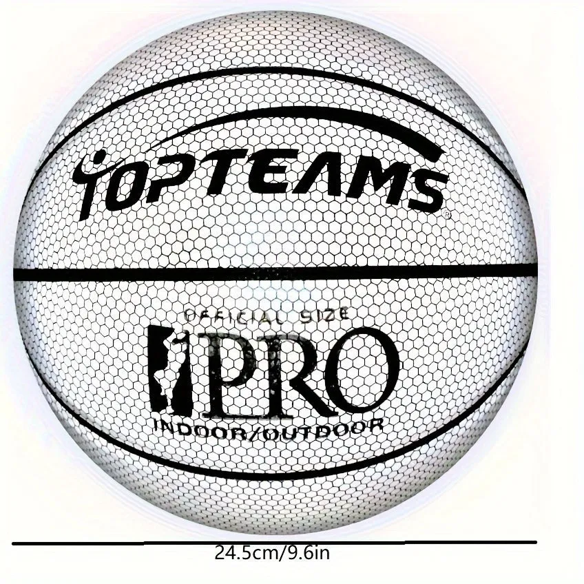 Holographic fluorescent reflective basketball glowing in low light
