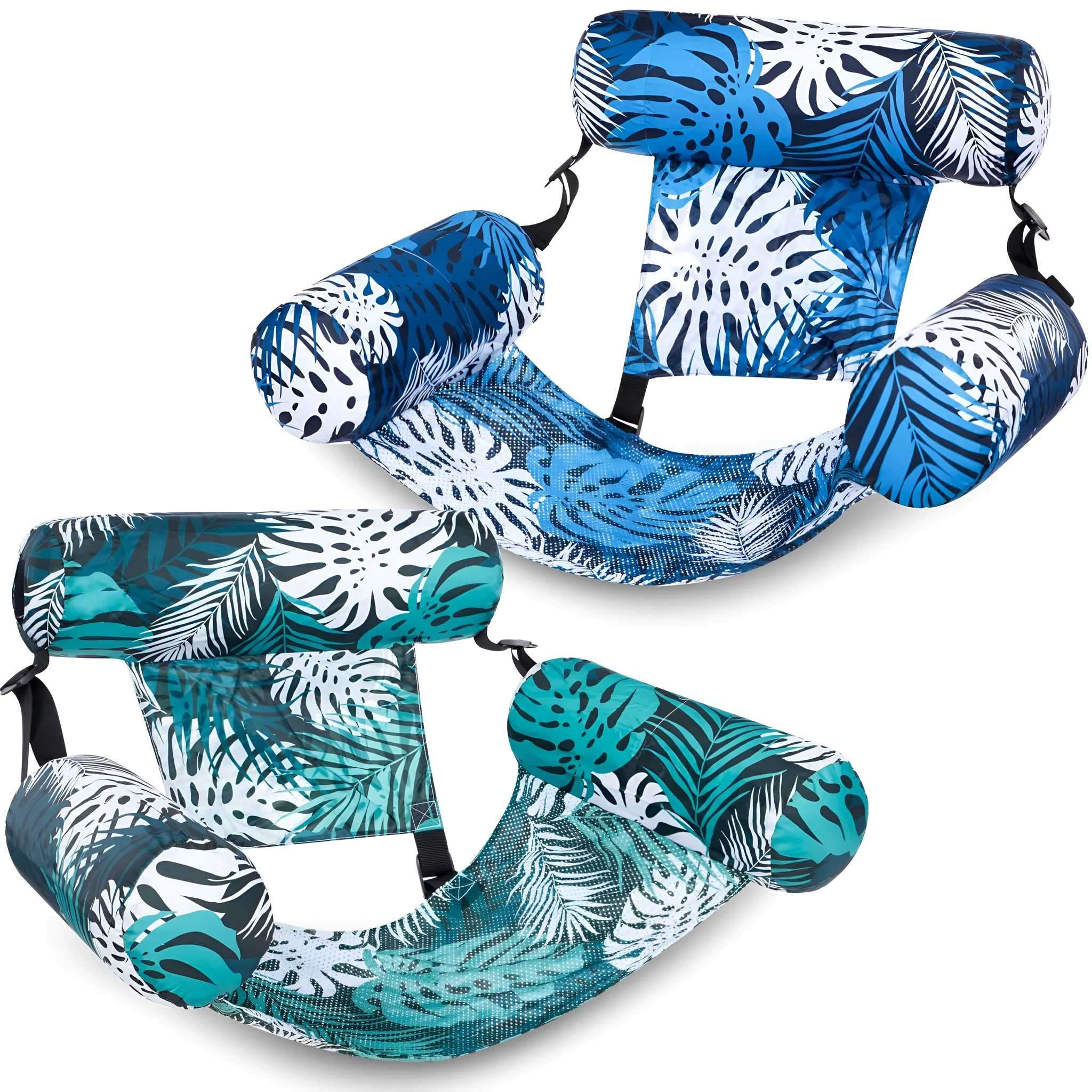 Inflatable floating hammock water chair in blue leaves colour, dimensions 76x35x60cm, made of PVC