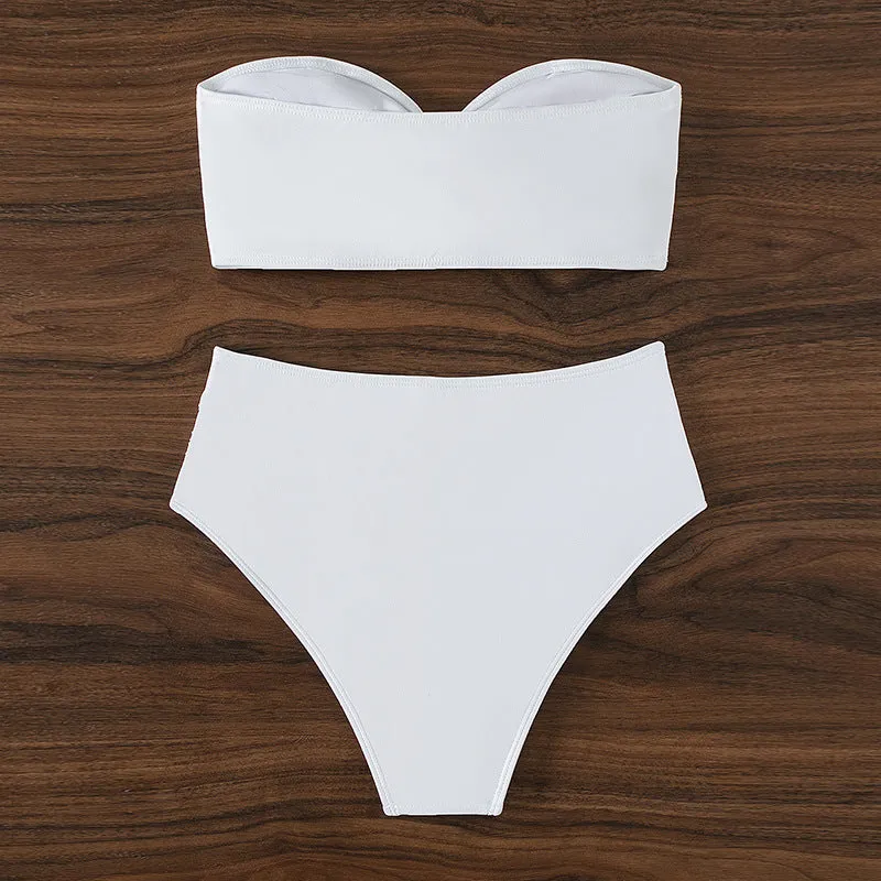 Women's solid colour white polyester tube top bikini set with pants for swimming