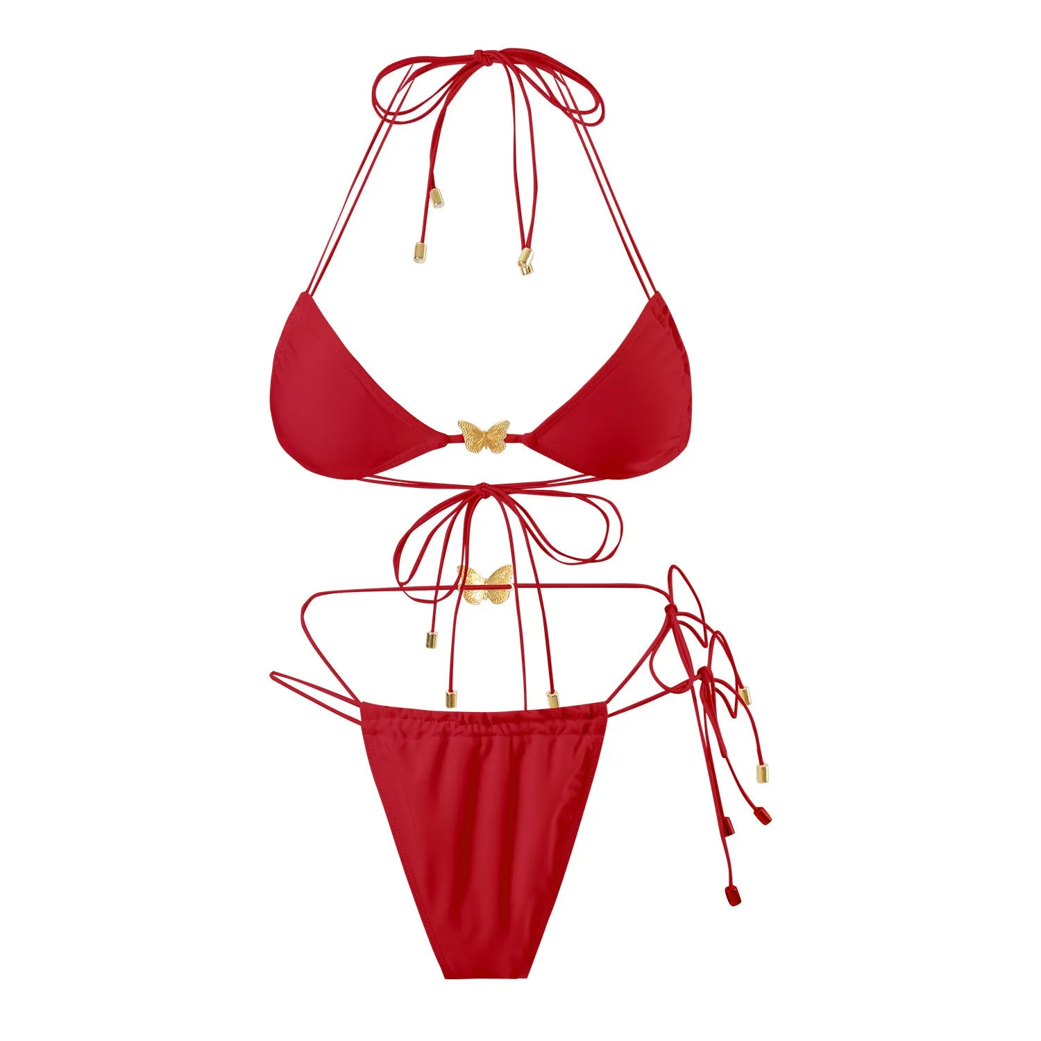 Women's elastic string butterfly ornament bikini set in solid colour with triangle top and tied split bottom