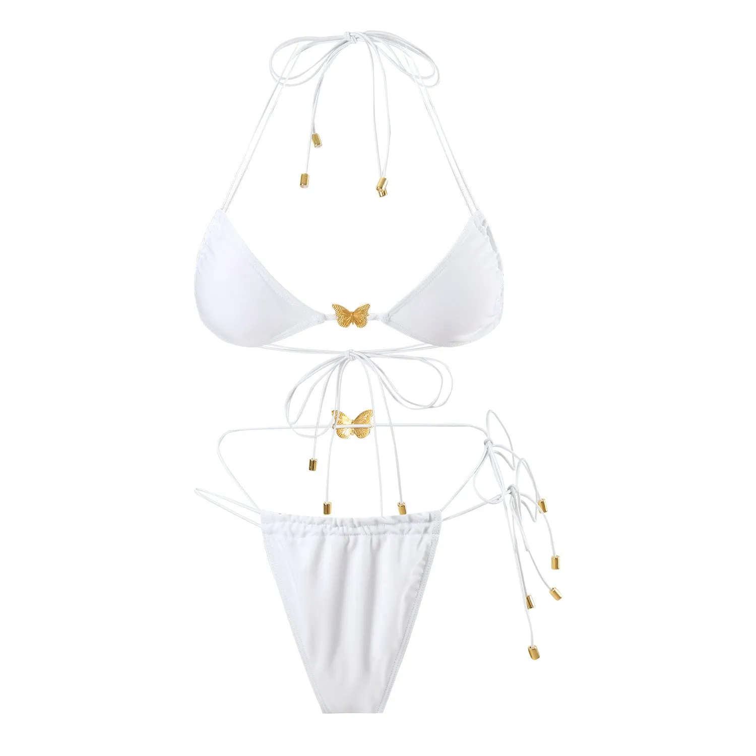 Women's elastic string butterfly ornament bikini set in solid colour with triangle top and tied split bottom