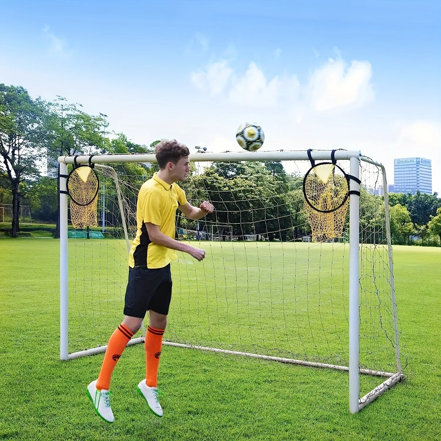Portable 4-foot wide soccer training goal net in yellow colour for practice sessions