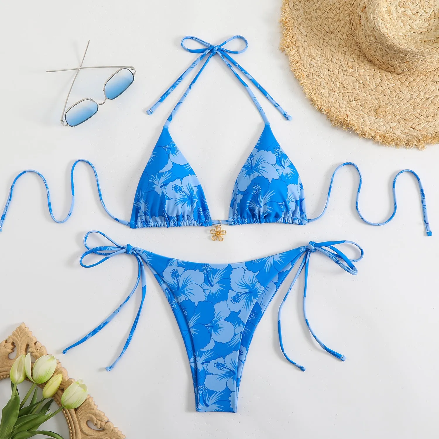 Double-sided bikini printed polo neck lace-up swimsuit for women in light blue high waist briefs