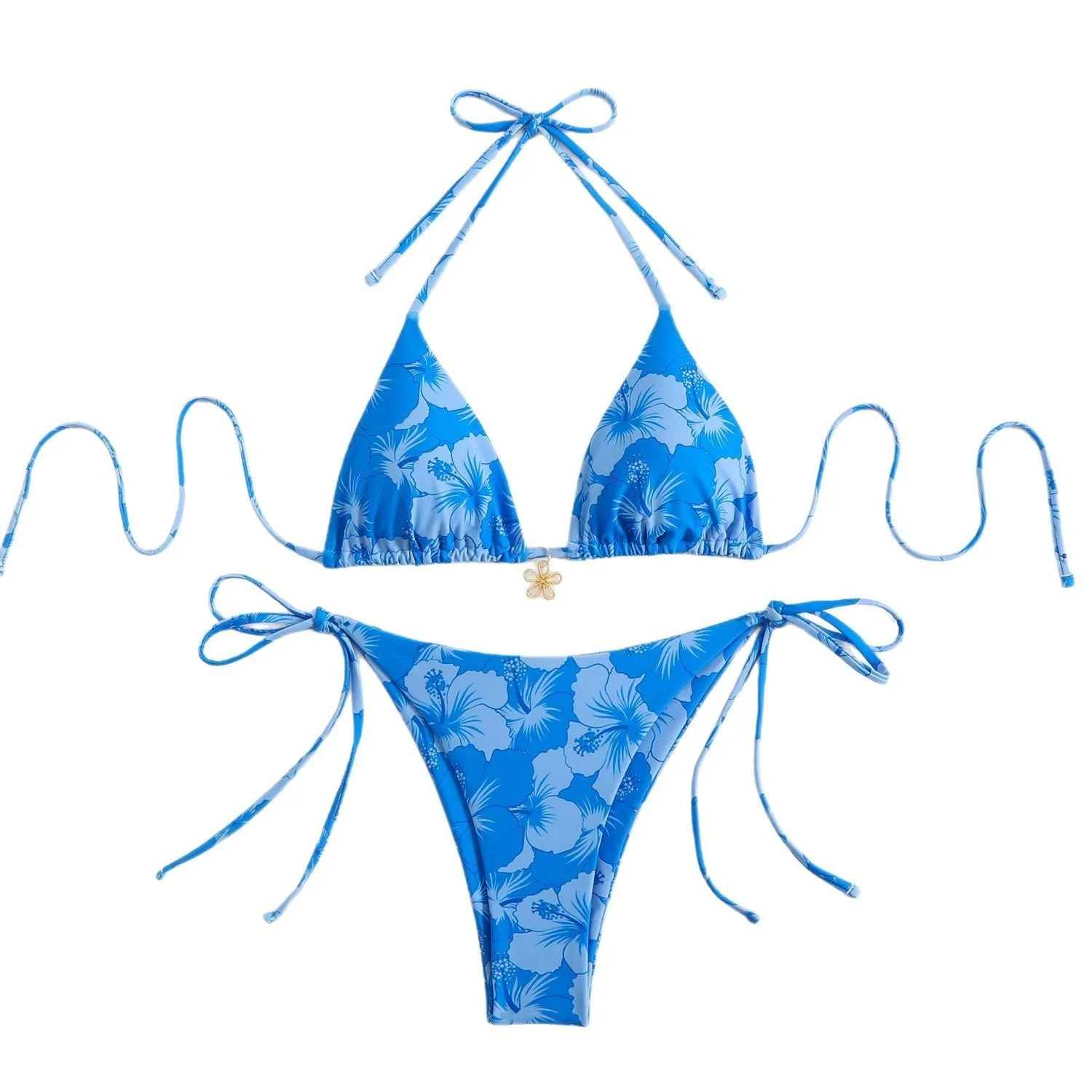 Double-sided bikini printed polo neck lace-up swimsuit for women in light blue high waist briefs