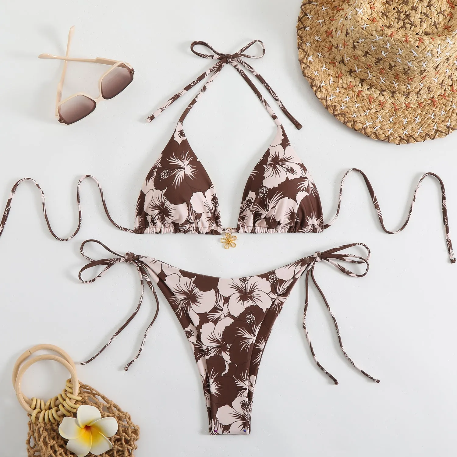 Double-sided bikini printed polo neck lace-up swimsuit for women in light blue high waist briefs