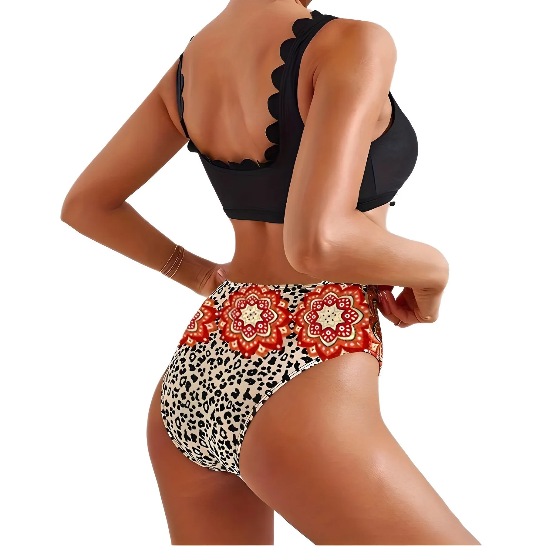 Large V-neck cross rope lace printed black bikini set with high elasticity spandex fabric