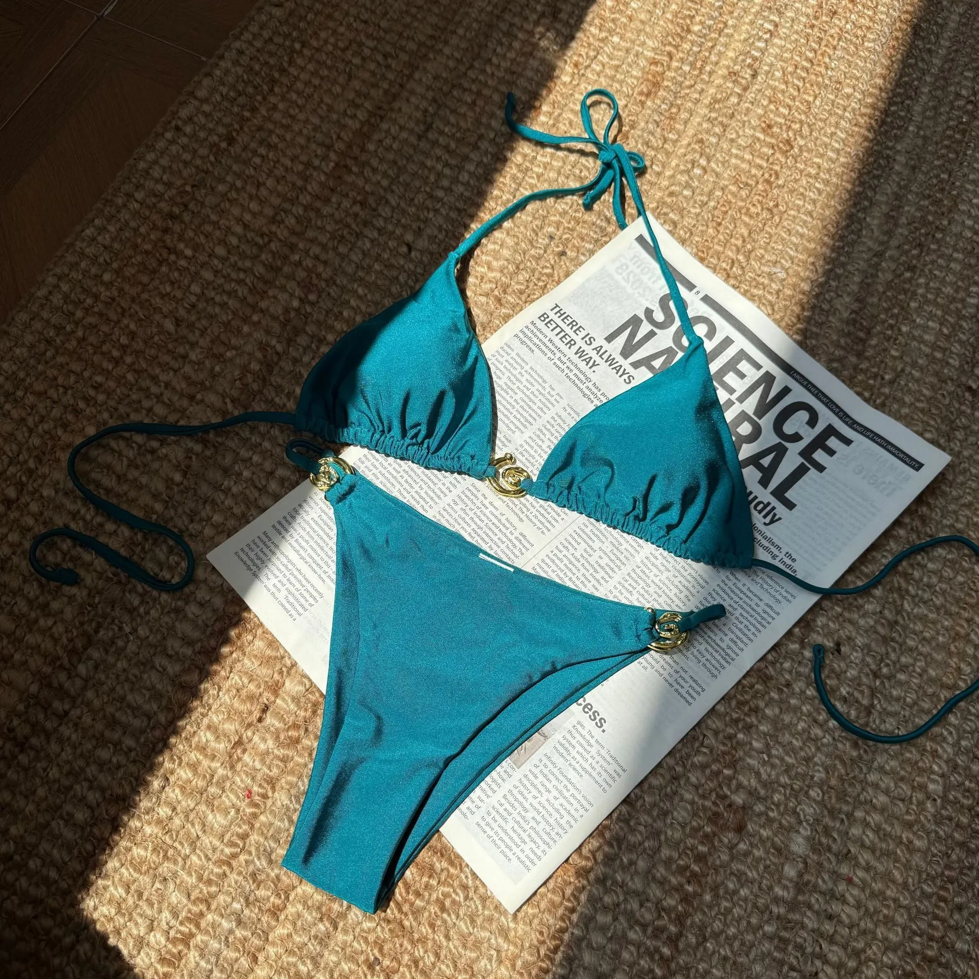 Sexy nylon metal ring lace-up backless bikini with shorts in white
