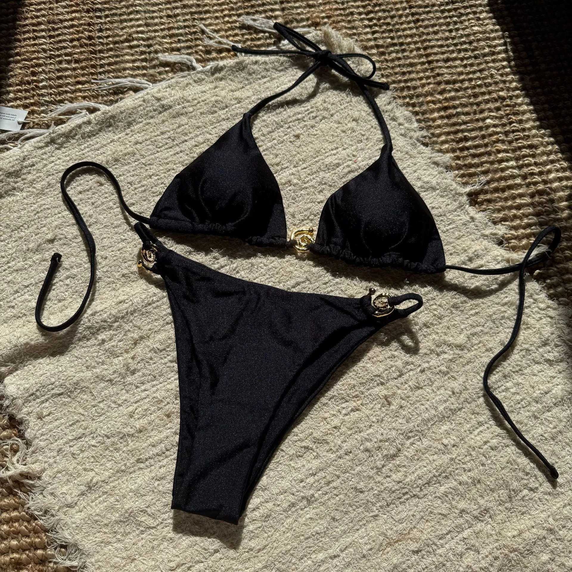 Sexy nylon metal ring lace-up backless bikini with shorts in white