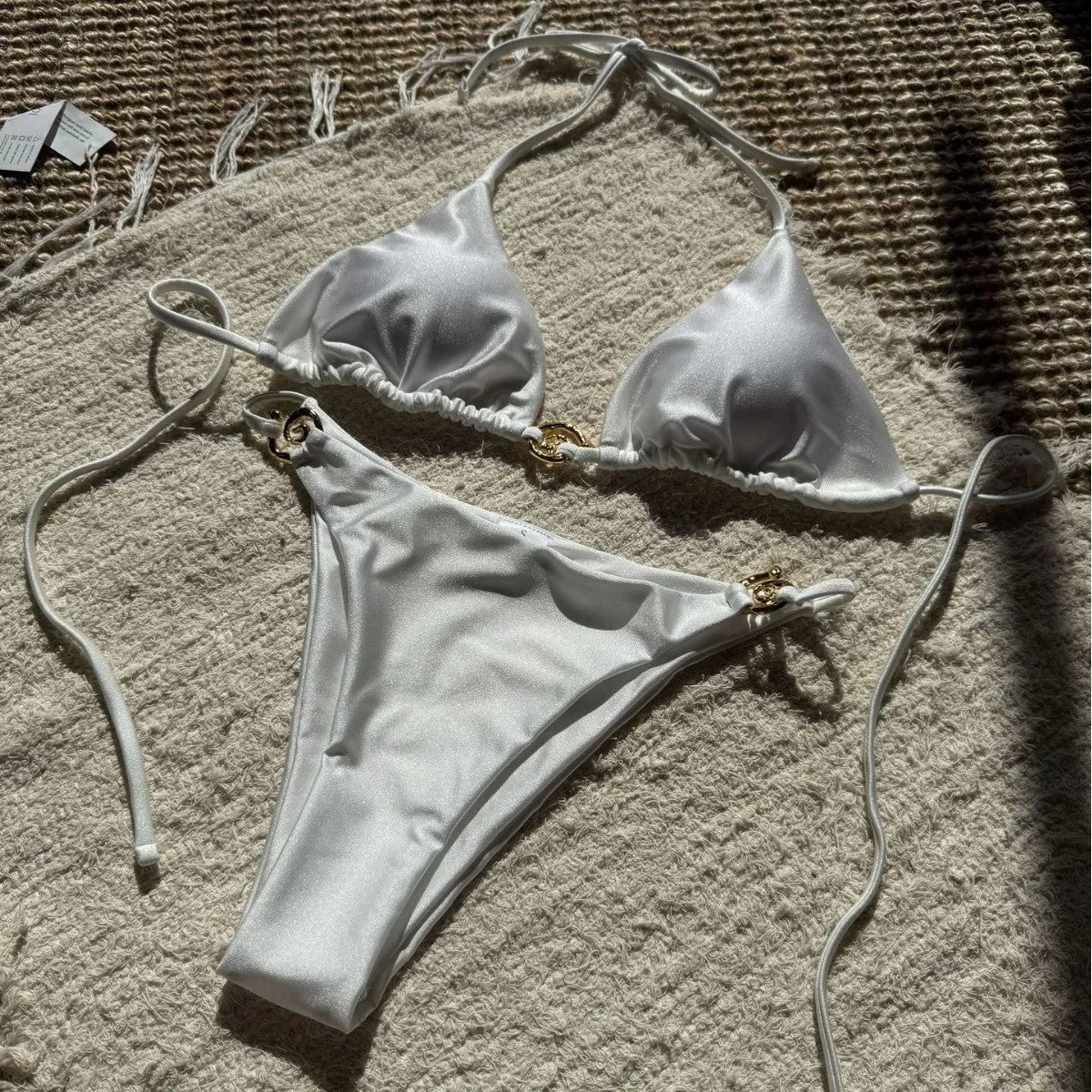 Sexy nylon metal ring lace-up backless bikini with shorts in white