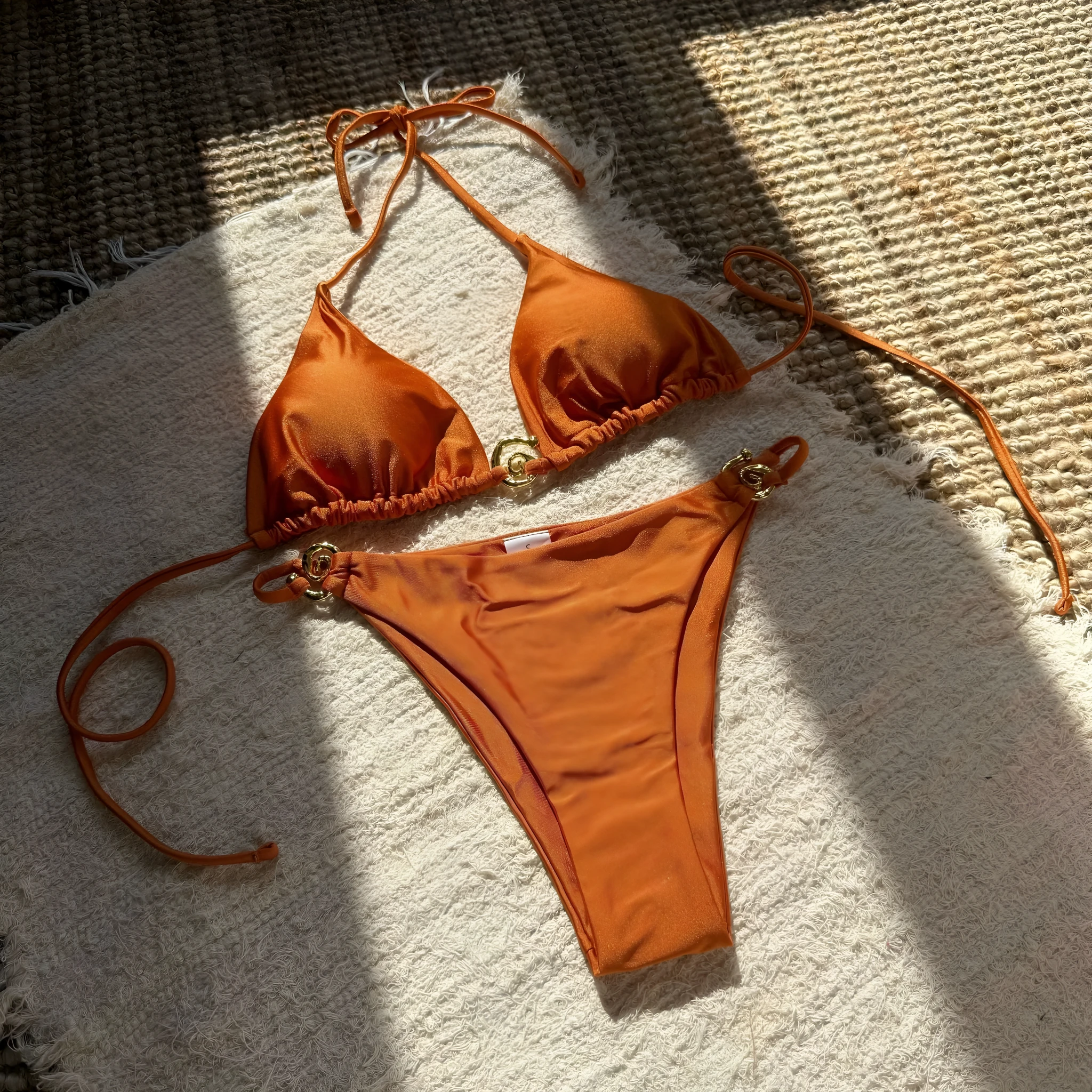 Sexy nylon metal ring lace-up backless bikini with shorts in white