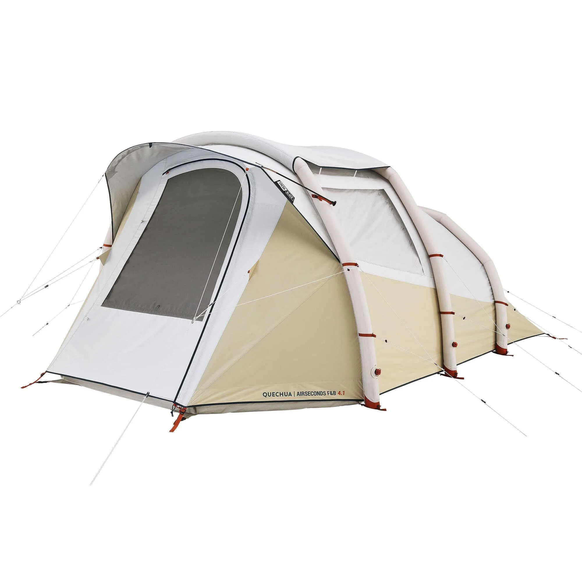 Inflatable camping tent for 4 people with hand pump, double-sheet design, polyethylene base, and shading rainfly
