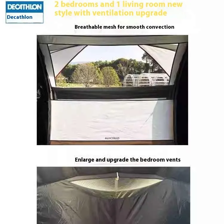 Inflatable camping tent for 4 people with hand pump, double-sheet design, polyethylene base, and shading rainfly