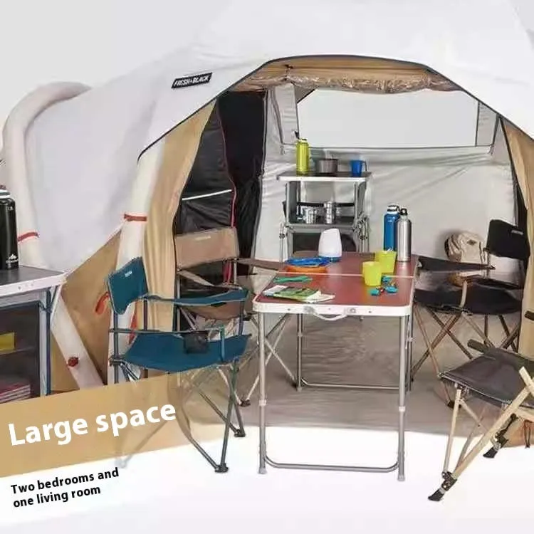 Inflatable camping tent for 4 people with hand pump, double-sheet design, polyethylene base, and shading rainfly