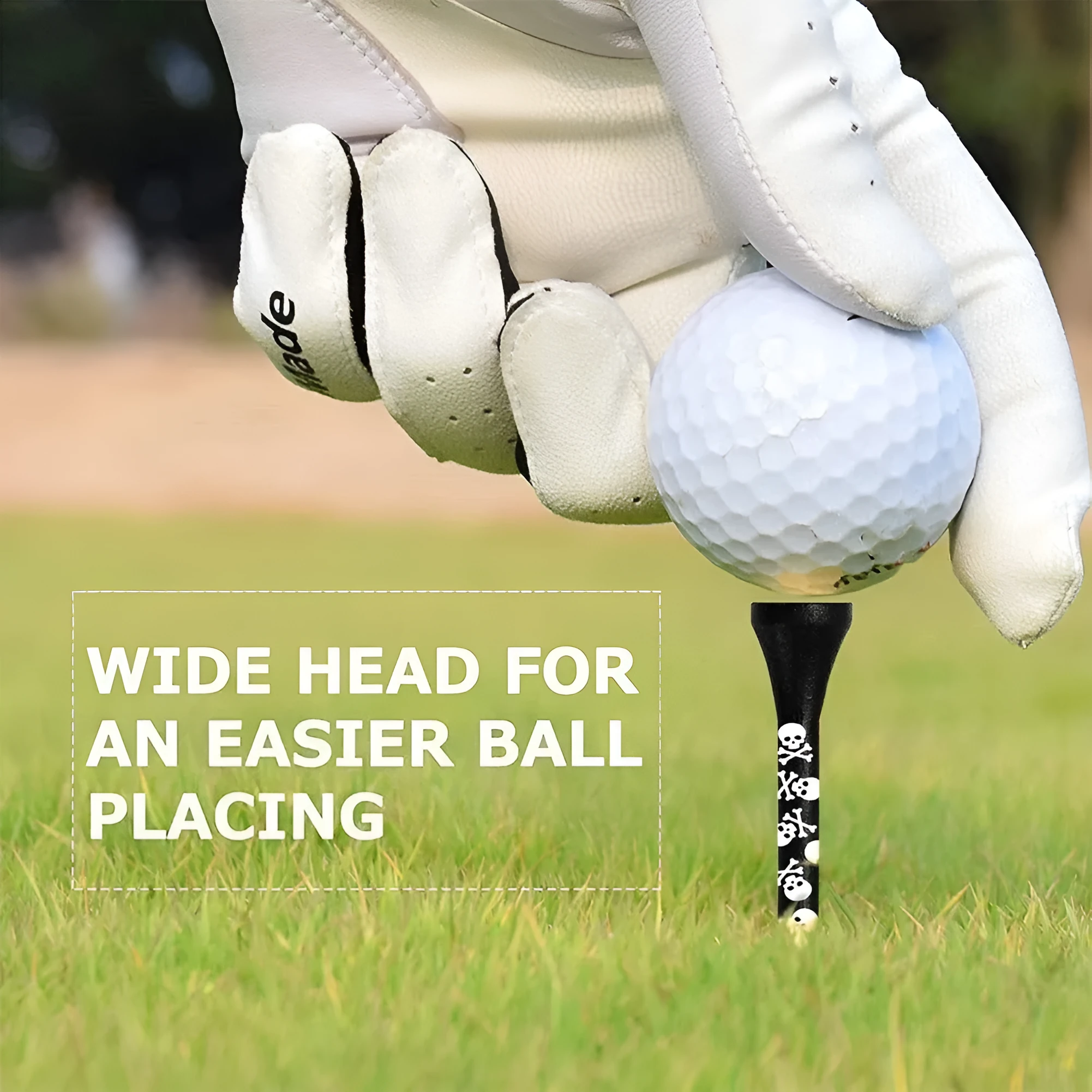 Ten black bamboo golf spike dowel pins with skull print, shown in 70mm and 83mm lengths.