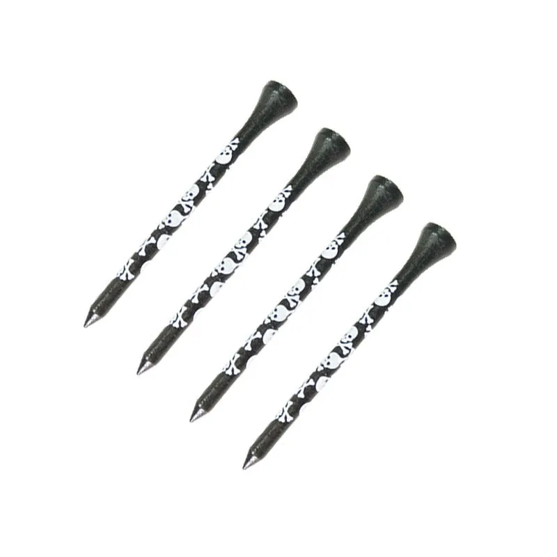 Ten black bamboo golf spike dowel pins with skull print, shown in 70mm and 83mm lengths.