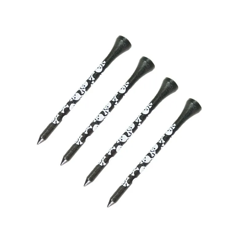 Ten black bamboo golf spike dowel pins with skull print, shown in 70mm and 83mm lengths.