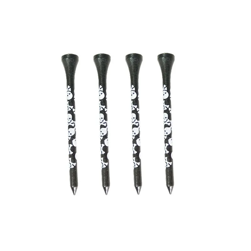 Ten black bamboo golf spike dowel pins with skull print, shown in 70mm and 83mm lengths.