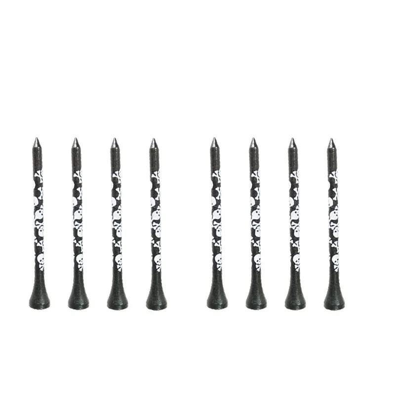 Ten black bamboo golf spike dowel pins with skull print, shown in 70mm and 83mm lengths.