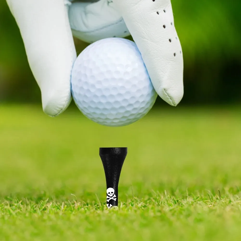 Ten black bamboo golf spike dowel pins with skull print, shown in 70mm and 83mm lengths.
