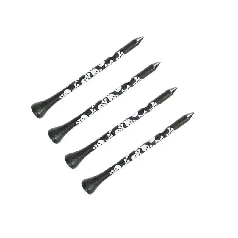 Ten black bamboo golf spike dowel pins with skull print, shown in 70mm and 83mm lengths.