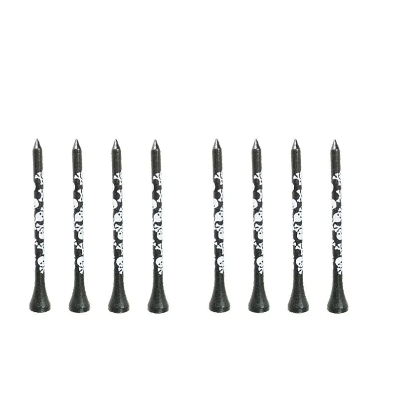 Ten black bamboo golf spike dowel pins with skull print, shown in 70mm and 83mm lengths.