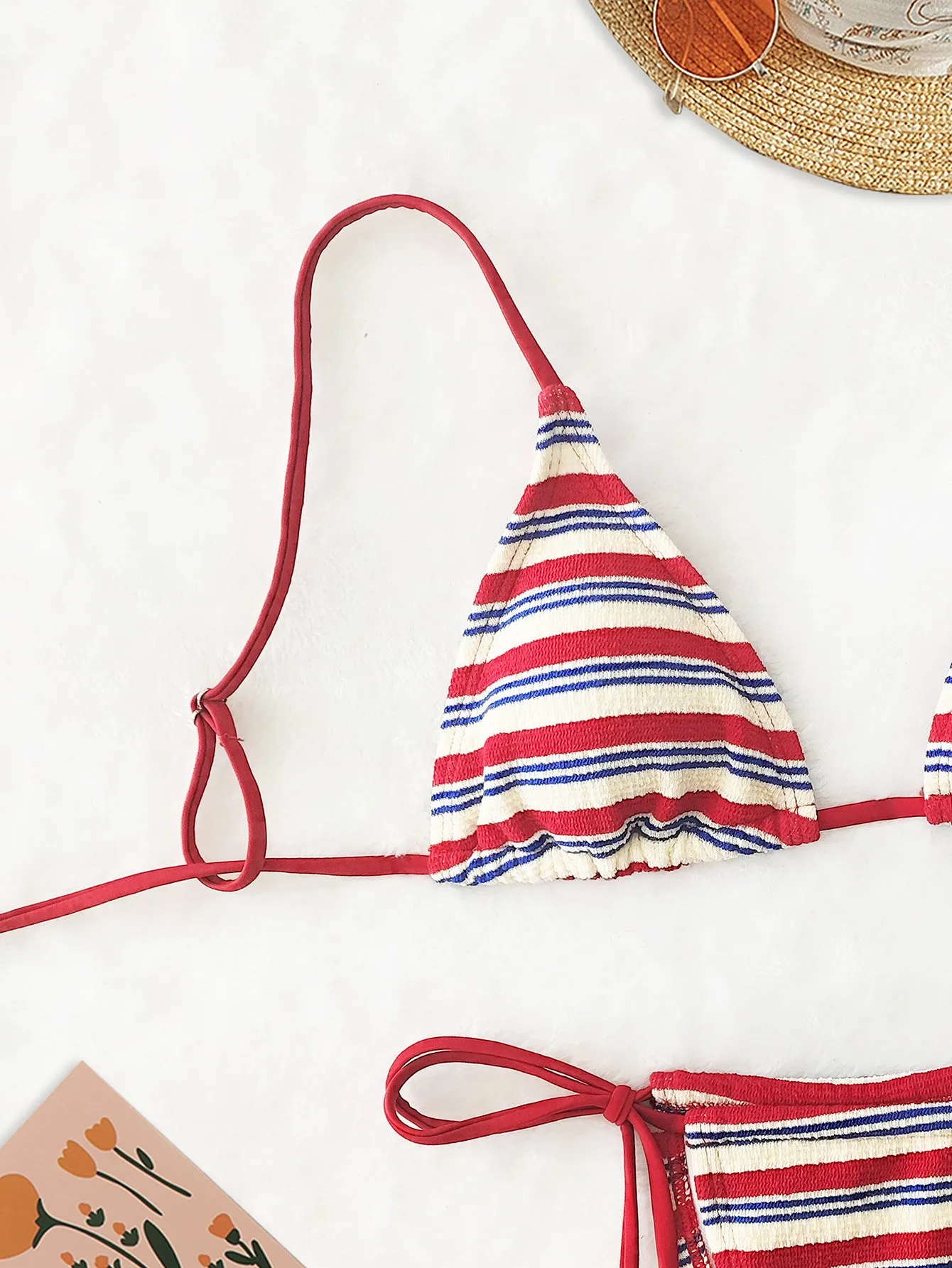 Red polyester two-piece bikini swimsuit set for women, sleeveless design, available in multiple sizes