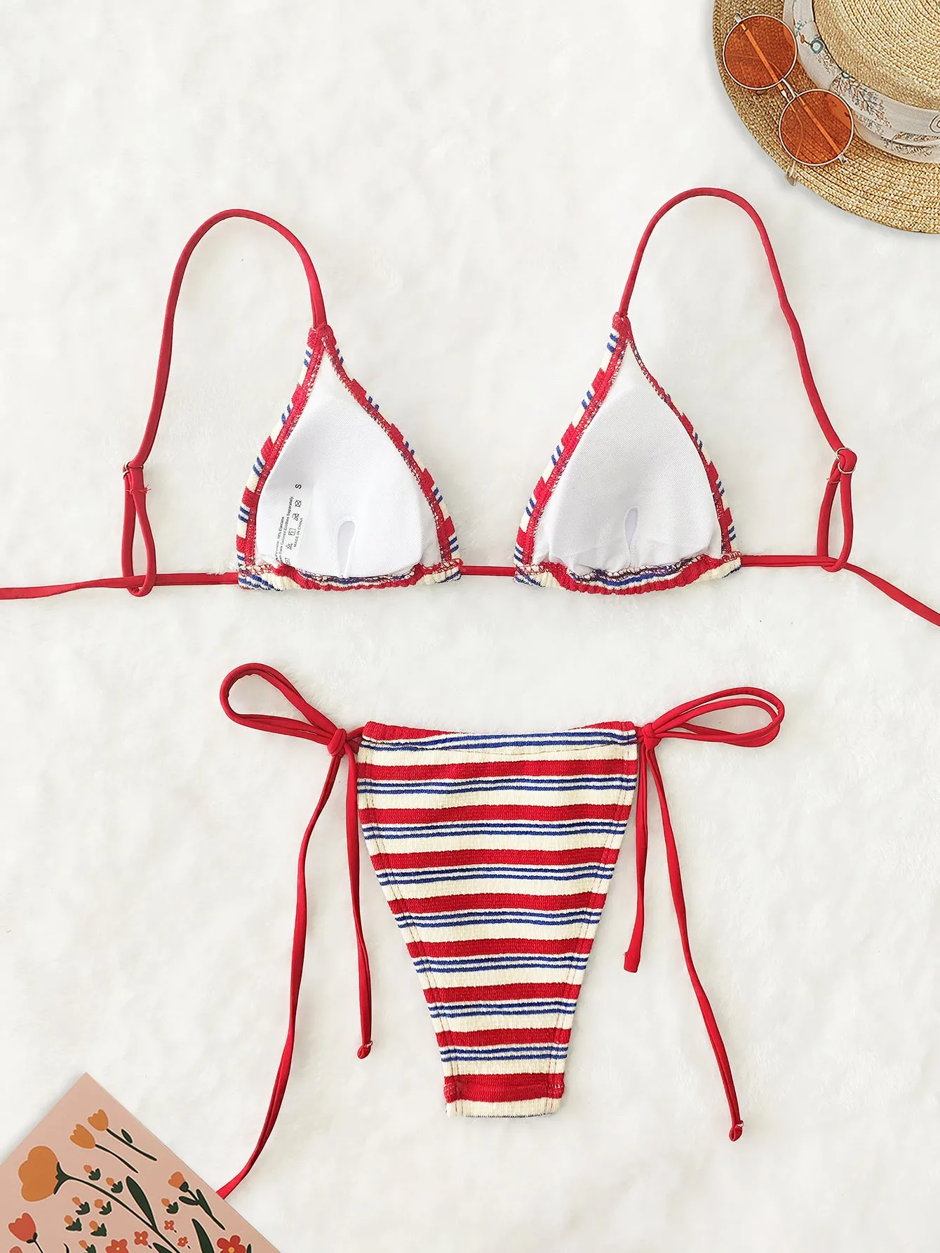 Red polyester two-piece bikini swimsuit set for women, sleeveless design, available in multiple sizes