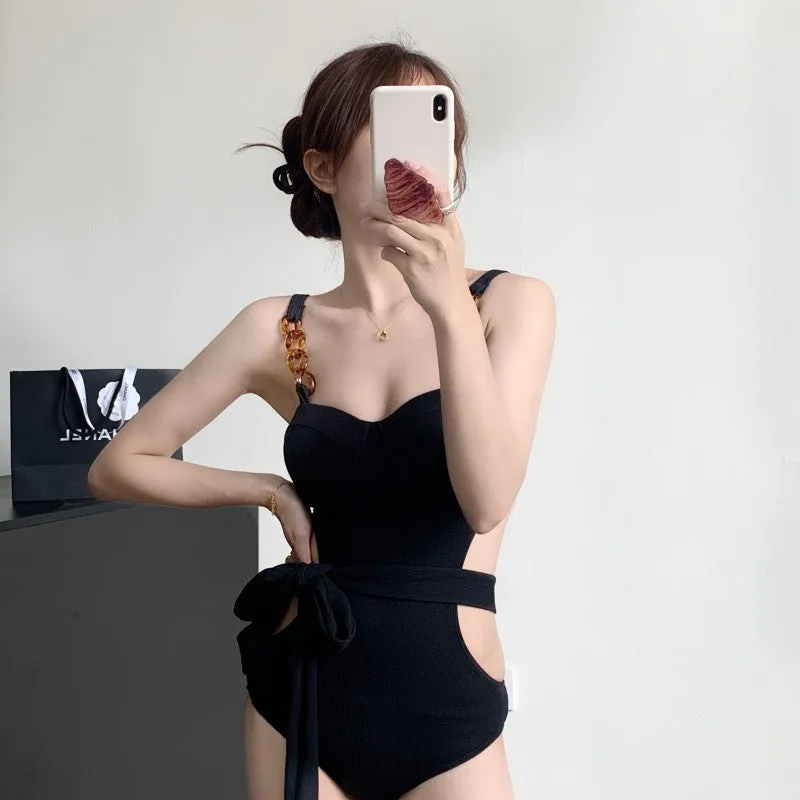One-piece swimsuit with jumpsuit suspender style, small chest gather, high waist, backless, solid colour, women's swimwear