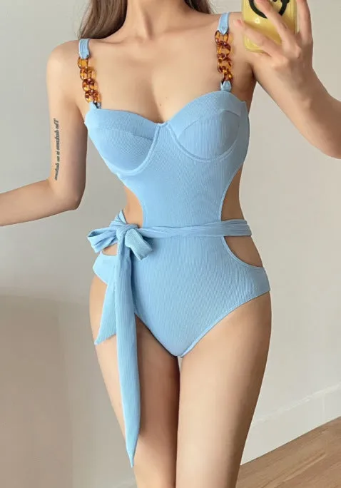One-piece swimsuit with jumpsuit suspender style, small chest gather, high waist, backless, solid colour, women's swimwear