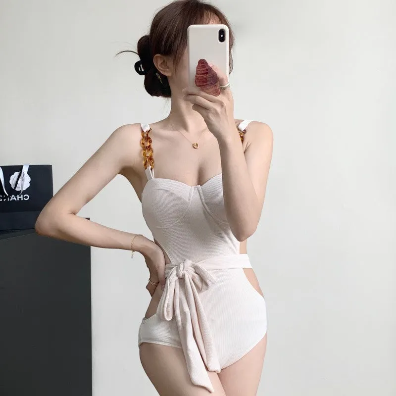 One-piece swimsuit with jumpsuit suspender style, small chest gather, high waist, backless, solid colour, women's swimwear