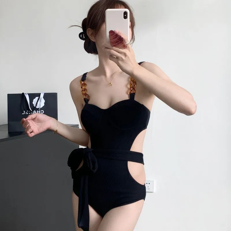 One-piece swimsuit with jumpsuit suspender style, small chest gather, high waist, backless, solid colour, women's swimwear