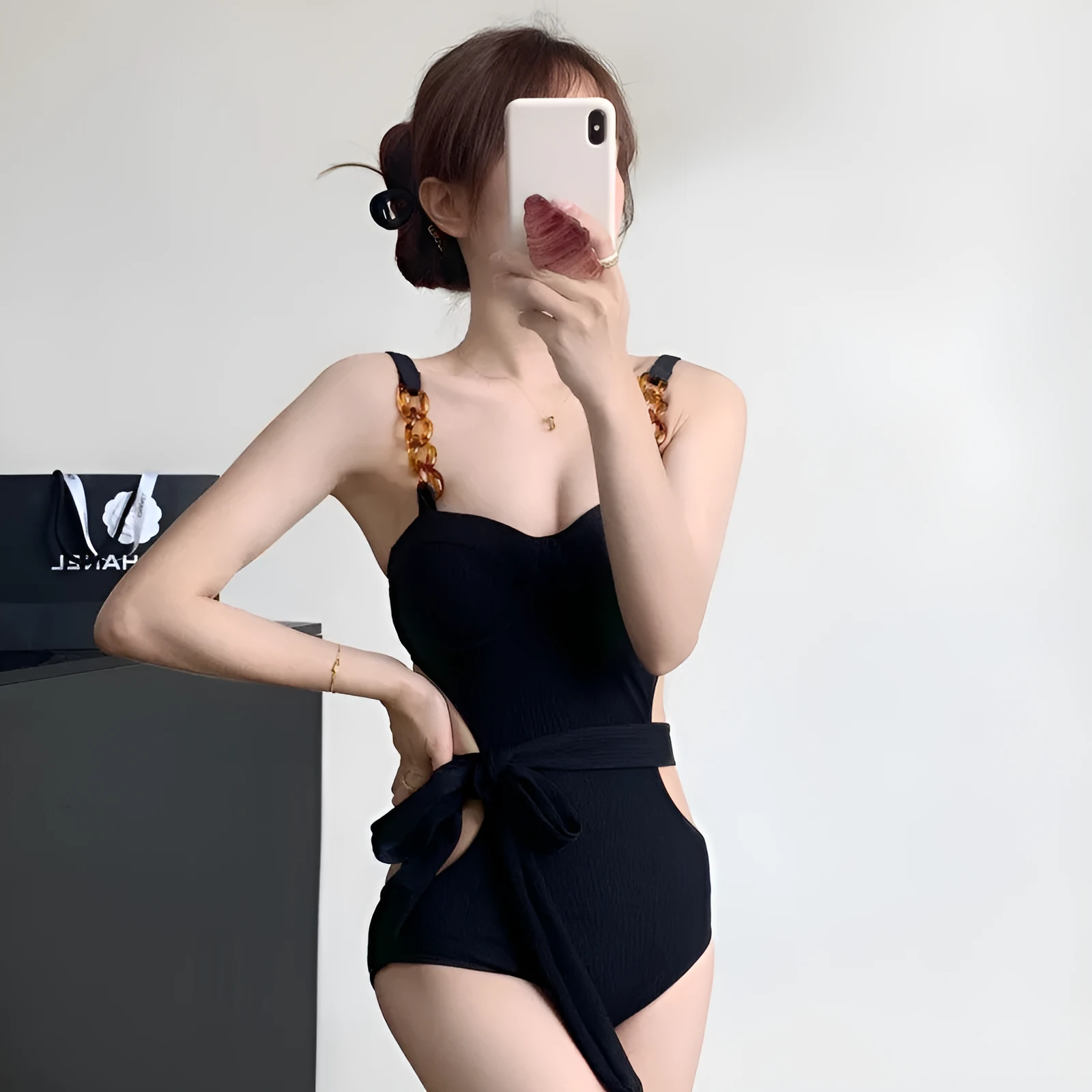 One-piece swimsuit with jumpsuit suspender style, small chest gather, high waist, backless, solid colour, women's swimwear