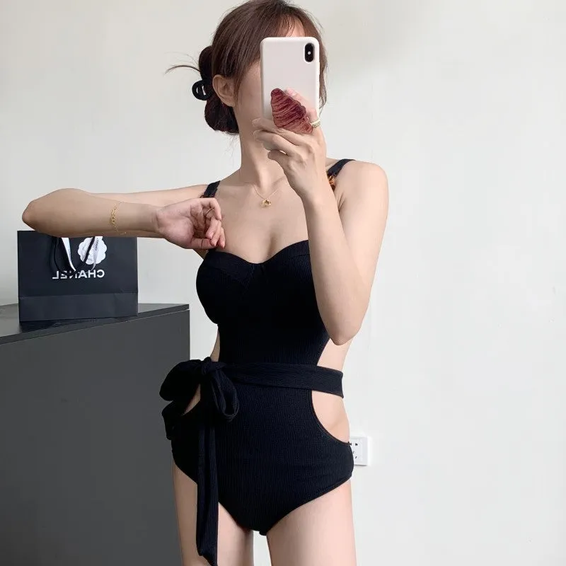 One-piece swimsuit with jumpsuit suspender style, small chest gather, high waist, backless, solid colour, women's swimwear
