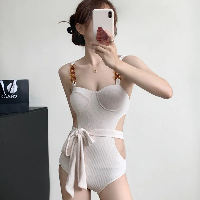 One-piece swimsuit with jumpsuit suspender style, small chest gather, high waist, backless, solid colour, women's swimwear