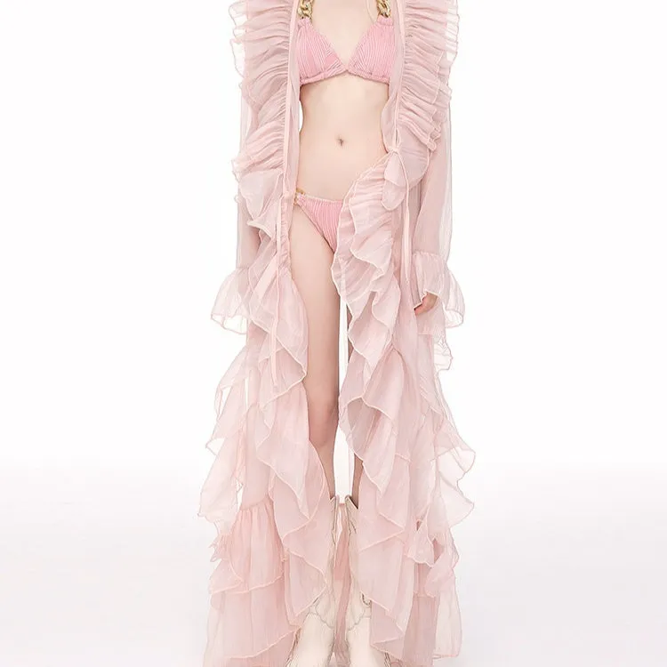 Women's pink bikini cover-up blouse triangle top with wireless chest pad polyester hot spring seaside vacation