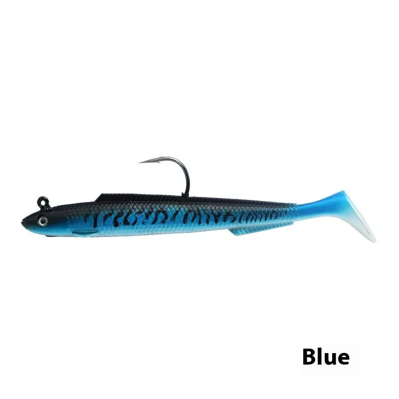 T-tail soft fish jig hook lure in blue colour, 15cm rubber artificial bait