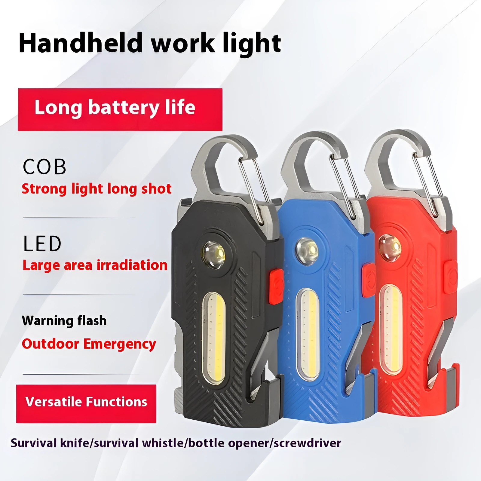 Multifunctional rechargeable emergency handheld light with ABS aluminium shell, IP44 protection, in black, blue, and red colour options
