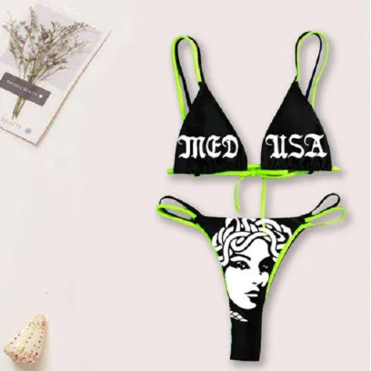 Women's black curve skull tube top bikini set with matching shorts, polyester fabric