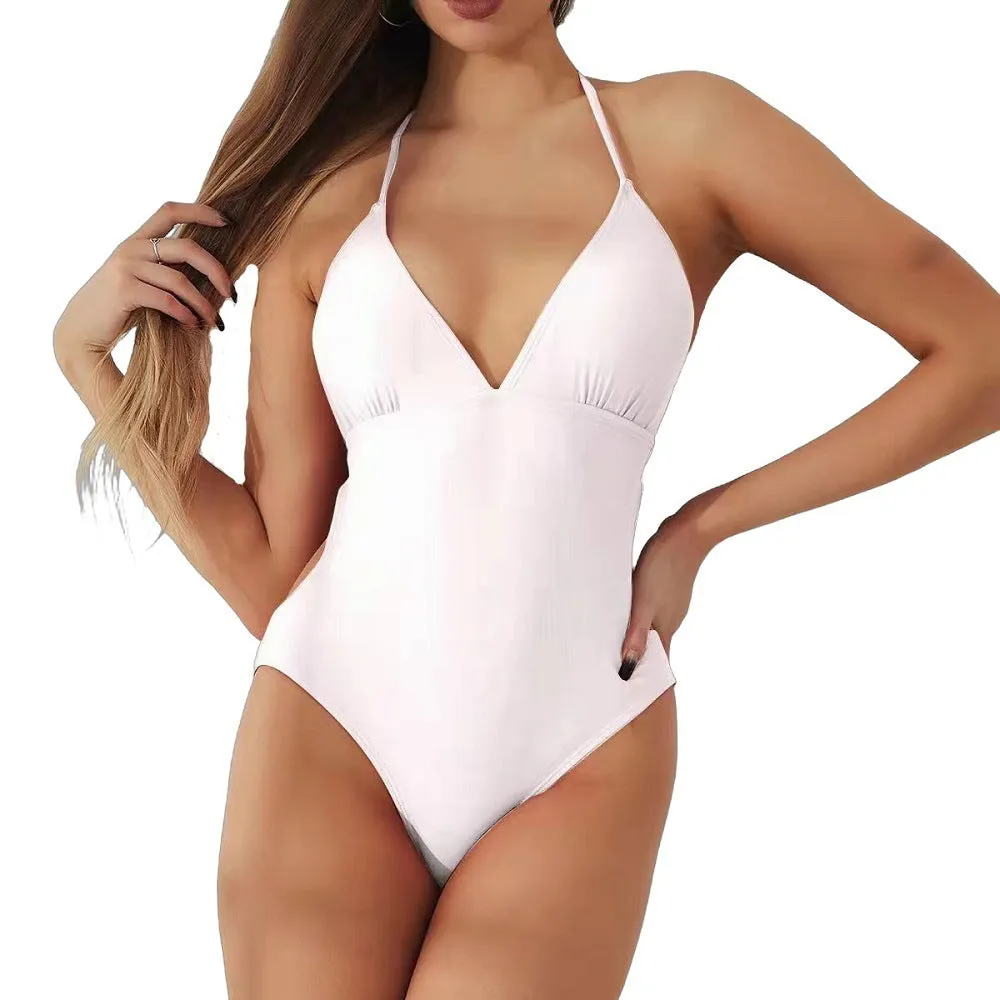 Women's V-neck backless solid colour one-piece nylon swimsuit in black
