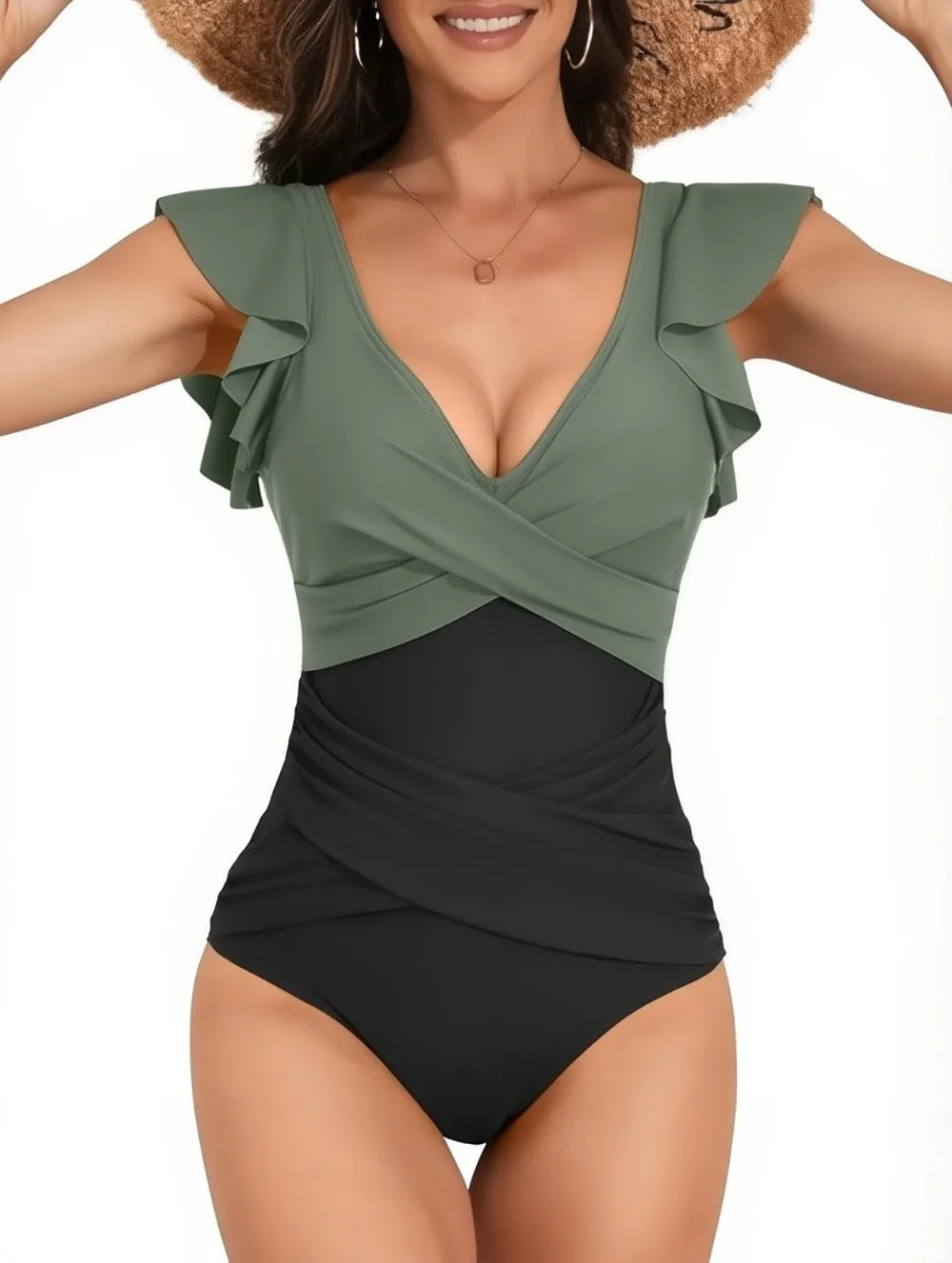 V-neck lotus leaf high waist backless one piece swimsuit for women in Rose Black colour